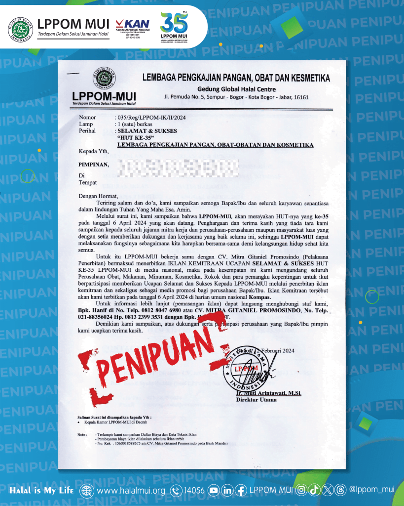 Klarifikasi Penyalahgunaan Nama LPPOM MUI
